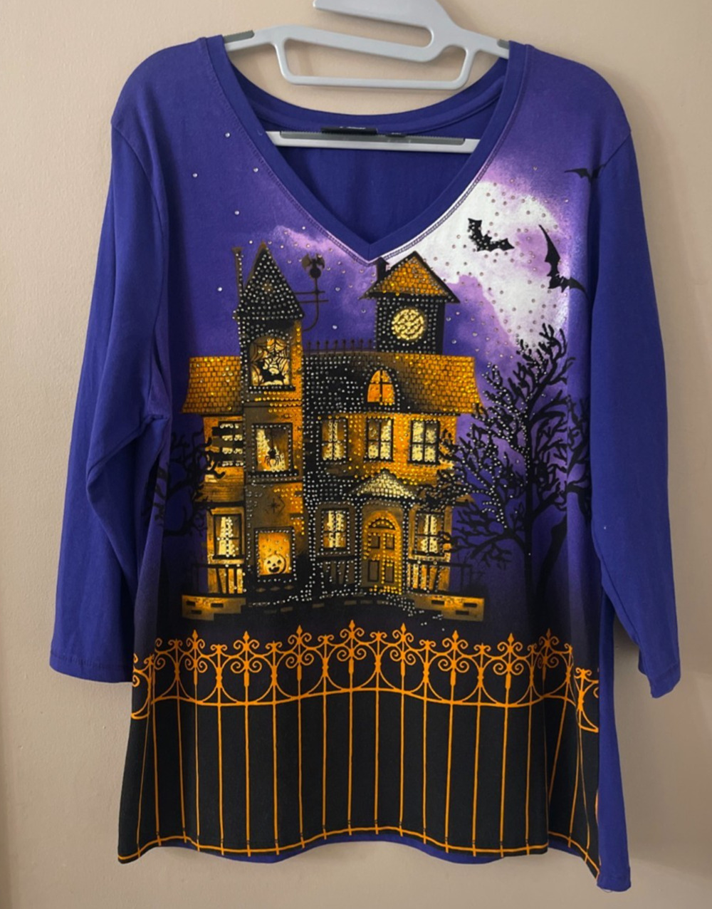 Onque Top Womens XL Purple Bling Halloween Haunted House V-Neck 3/4 Sleeves